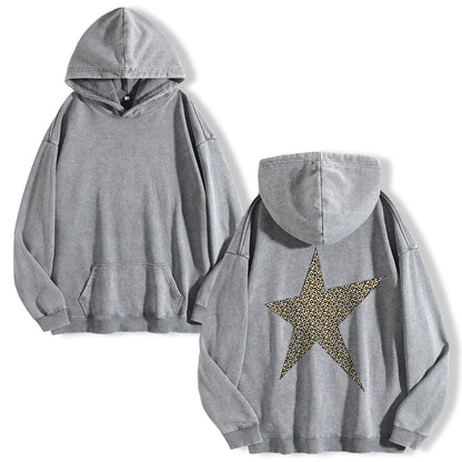 Leopard Print Five-pointed Star Washed Hoodie PT400