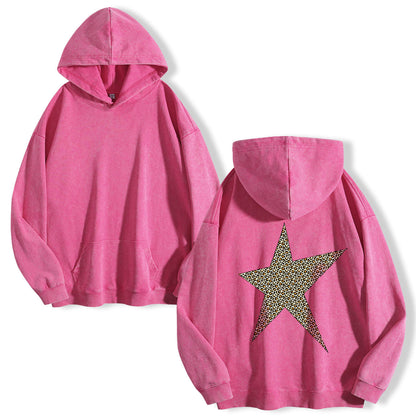 Leopard Print Five-pointed Star Washed Hoodie PT400