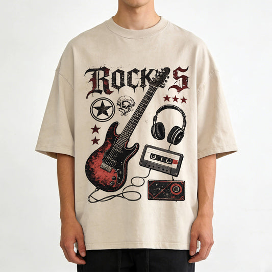 Retro Rock Electric Guitar Washed T-Shirt PT405