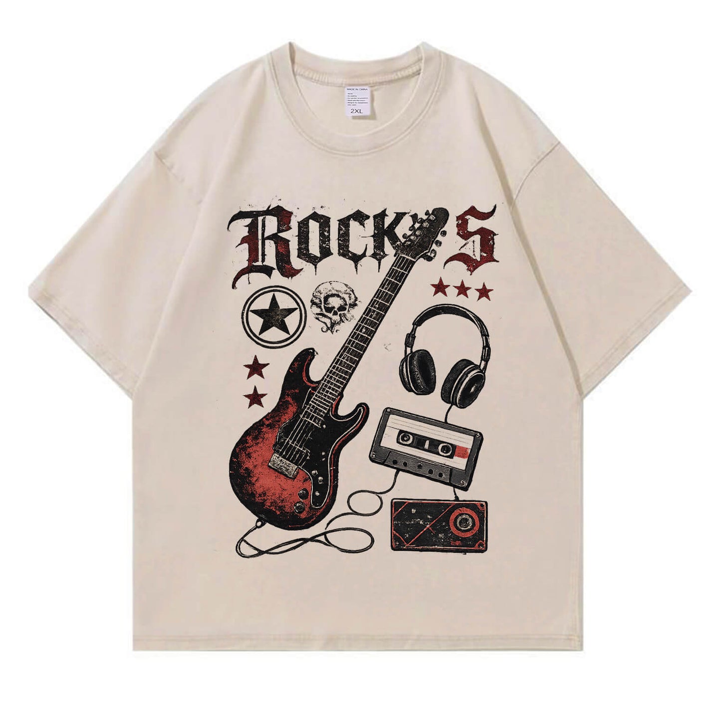 Retro Rock Electric Guitar Washed T-Shirt PT405