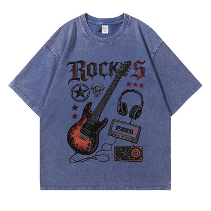 Retro Rock Electric Guitar Washed T-Shirt PT405