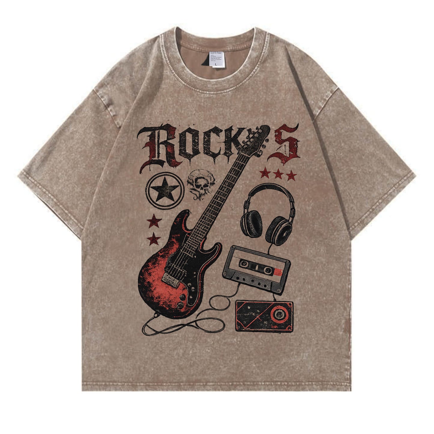 Retro Rock Electric Guitar Washed T-Shirt PT405