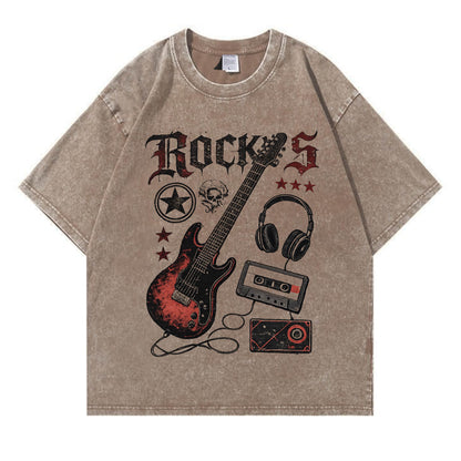 Retro Rock Electric Guitar Washed T-Shirt PT405