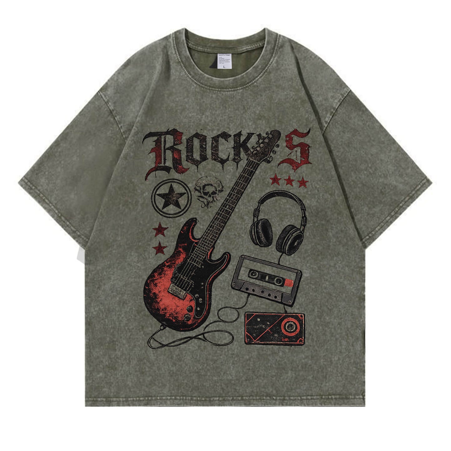 Retro Rock Electric Guitar Washed T-Shirt PT405