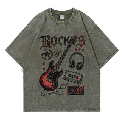 Retro Rock Electric Guitar Washed T-Shirt PT405