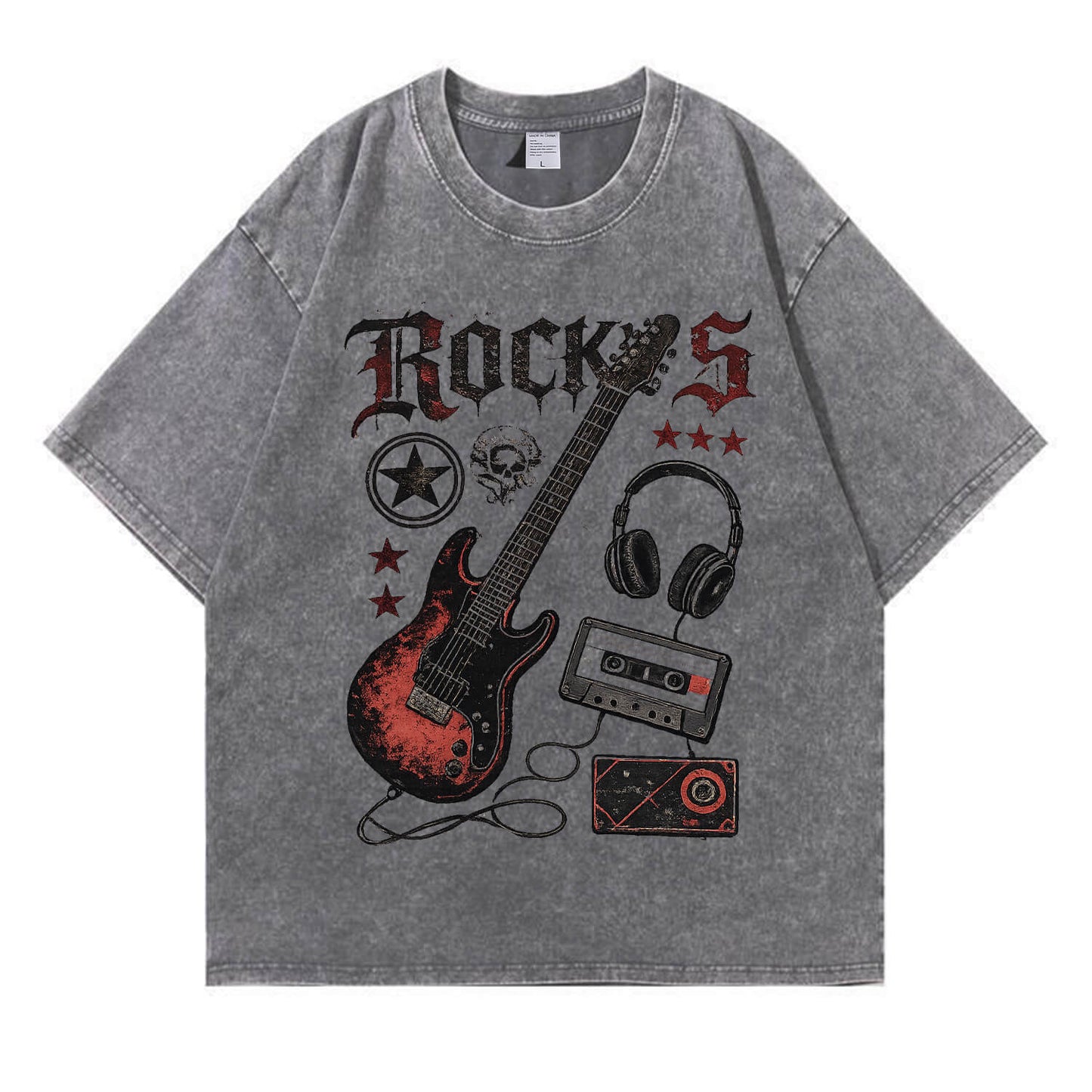 Retro Rock Electric Guitar Washed T-Shirt PT405
