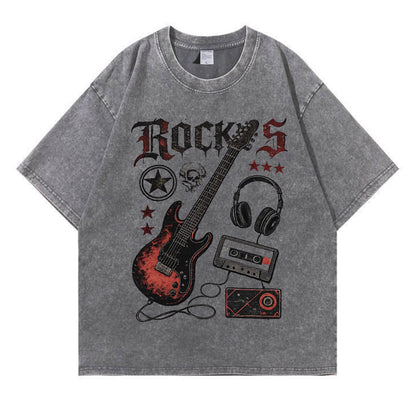 Retro Rock Electric Guitar Washed T-Shirt PT405