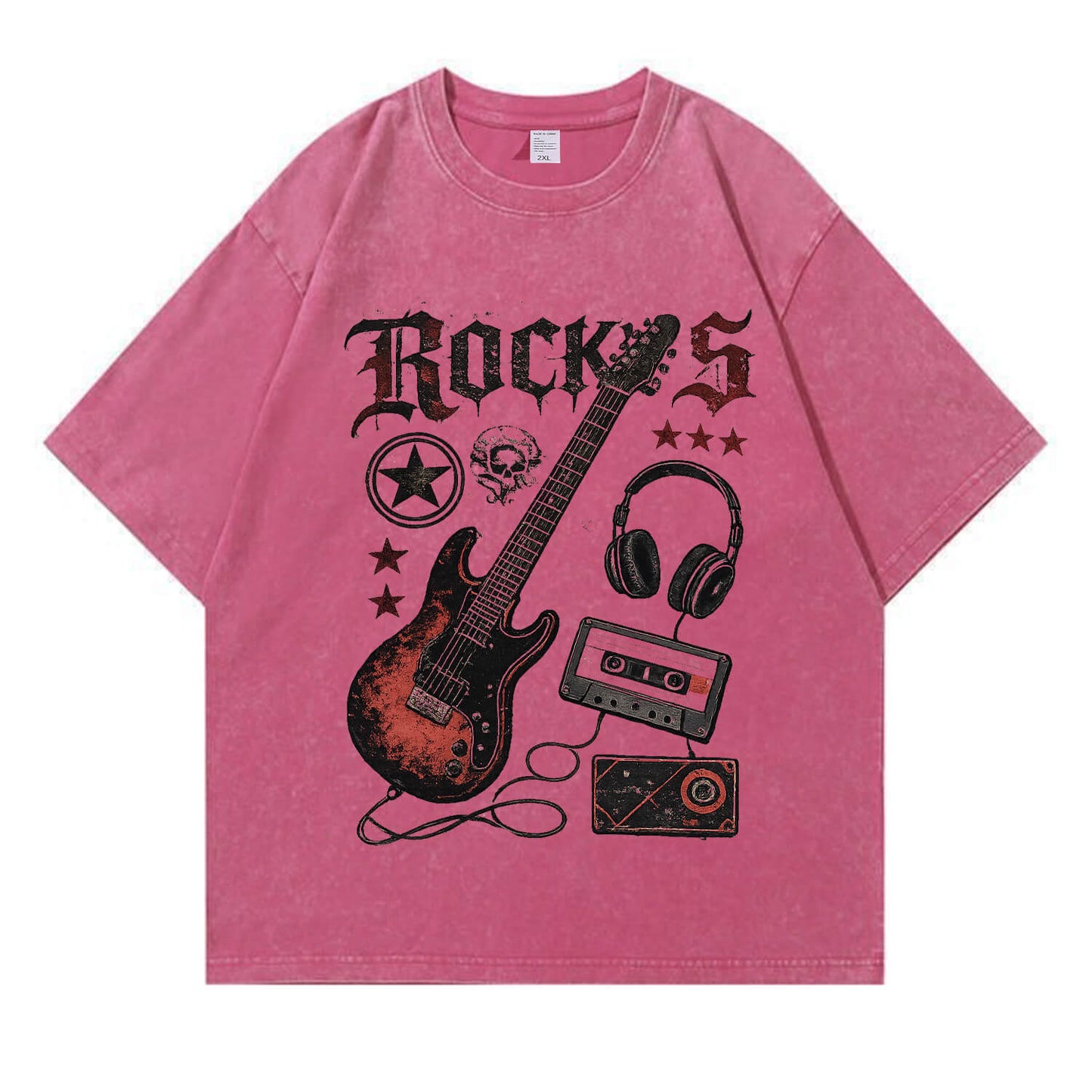 Retro Rock Electric Guitar Washed T-Shirt PT405