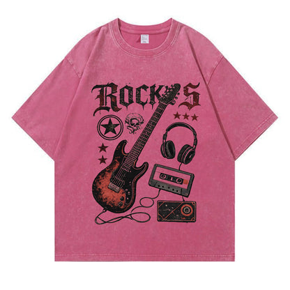 Retro Rock Electric Guitar Washed T-Shirt PT405