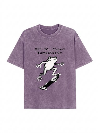 Playful Frog Skateboarding Washed T-Shirt PT452