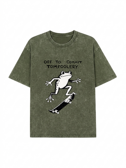 Playful Frog Skateboarding Washed T-Shirt PT452