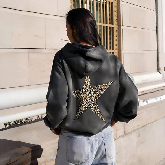 Leopard Print Five-pointed Star Washed Hoodie PT400