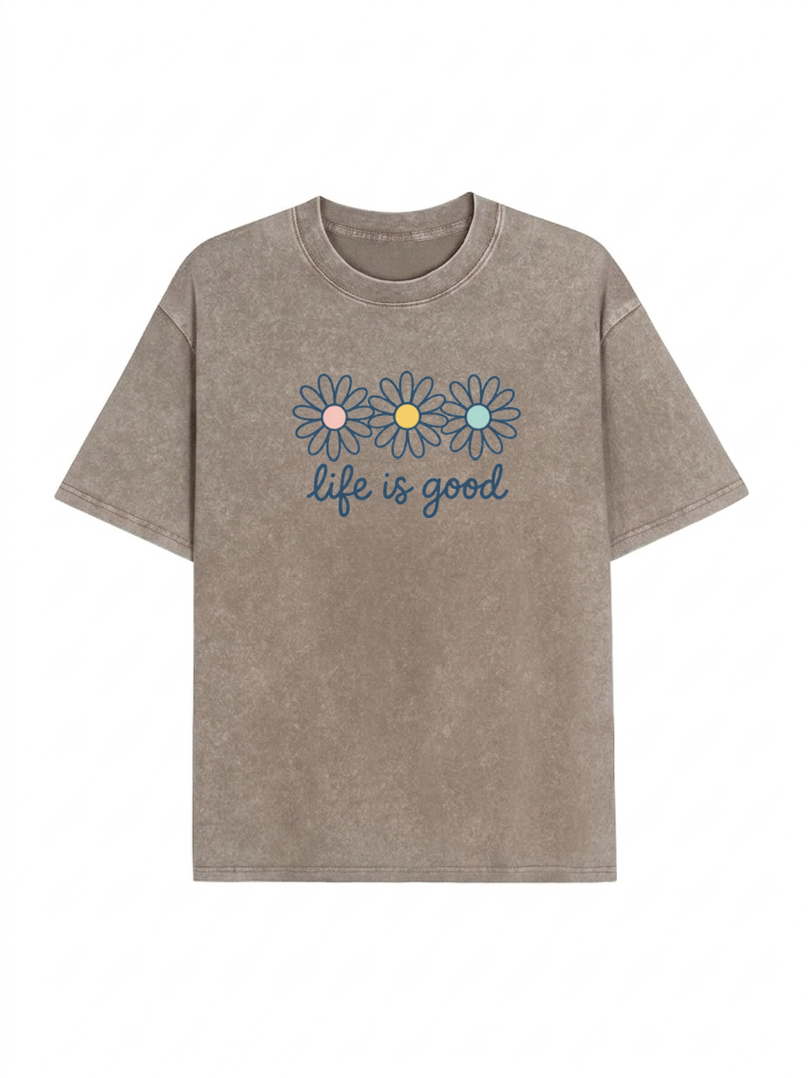 Vintage Acid Wash Daisy Print Drop Shoulder T-Shirt PT435