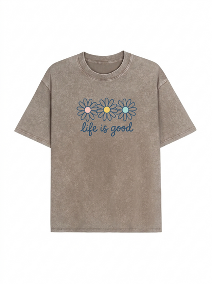 Vintage Acid Wash Daisy Print Drop Shoulder T-Shirt PT435