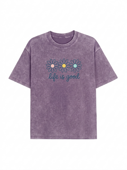 Vintage Acid Wash Daisy Print Drop Shoulder T-Shirt PT435