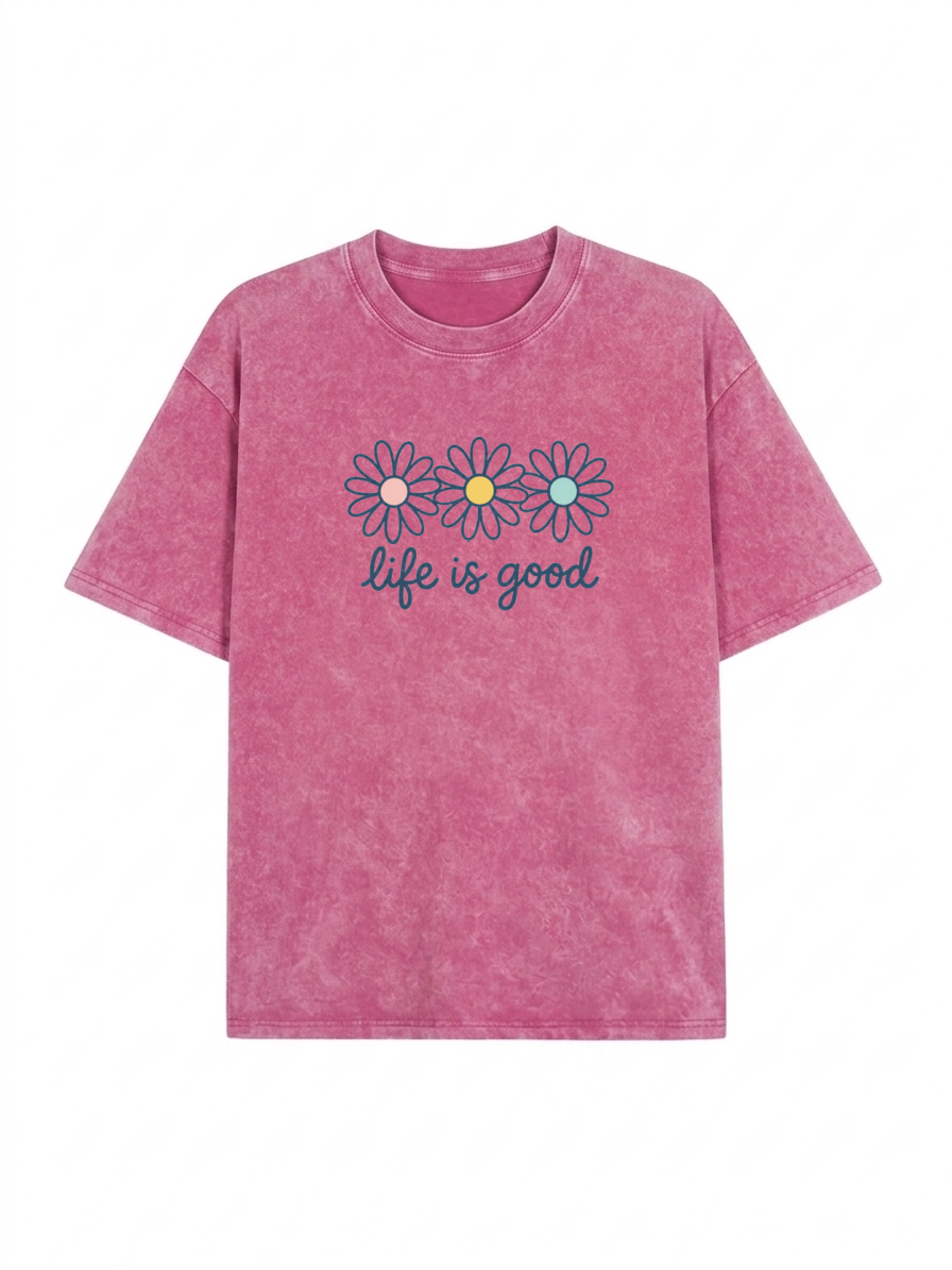 Vintage Acid Wash Daisy Print Drop Shoulder T-Shirt PT435