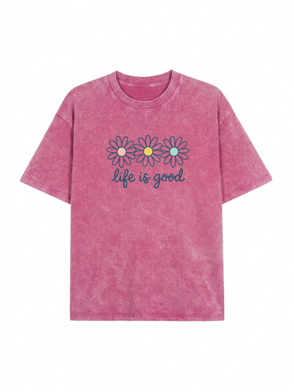 Vintage Acid Wash Daisy Print Drop Shoulder T-Shirt PT435