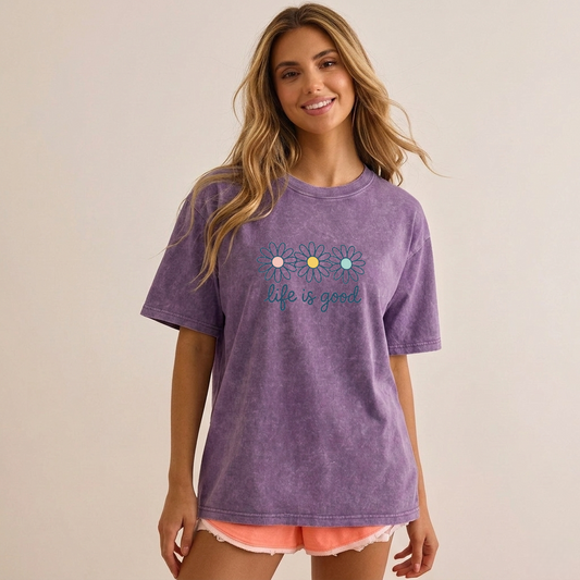 Vintage Acid Wash Daisy Print Drop Shoulder T-Shirt PT435