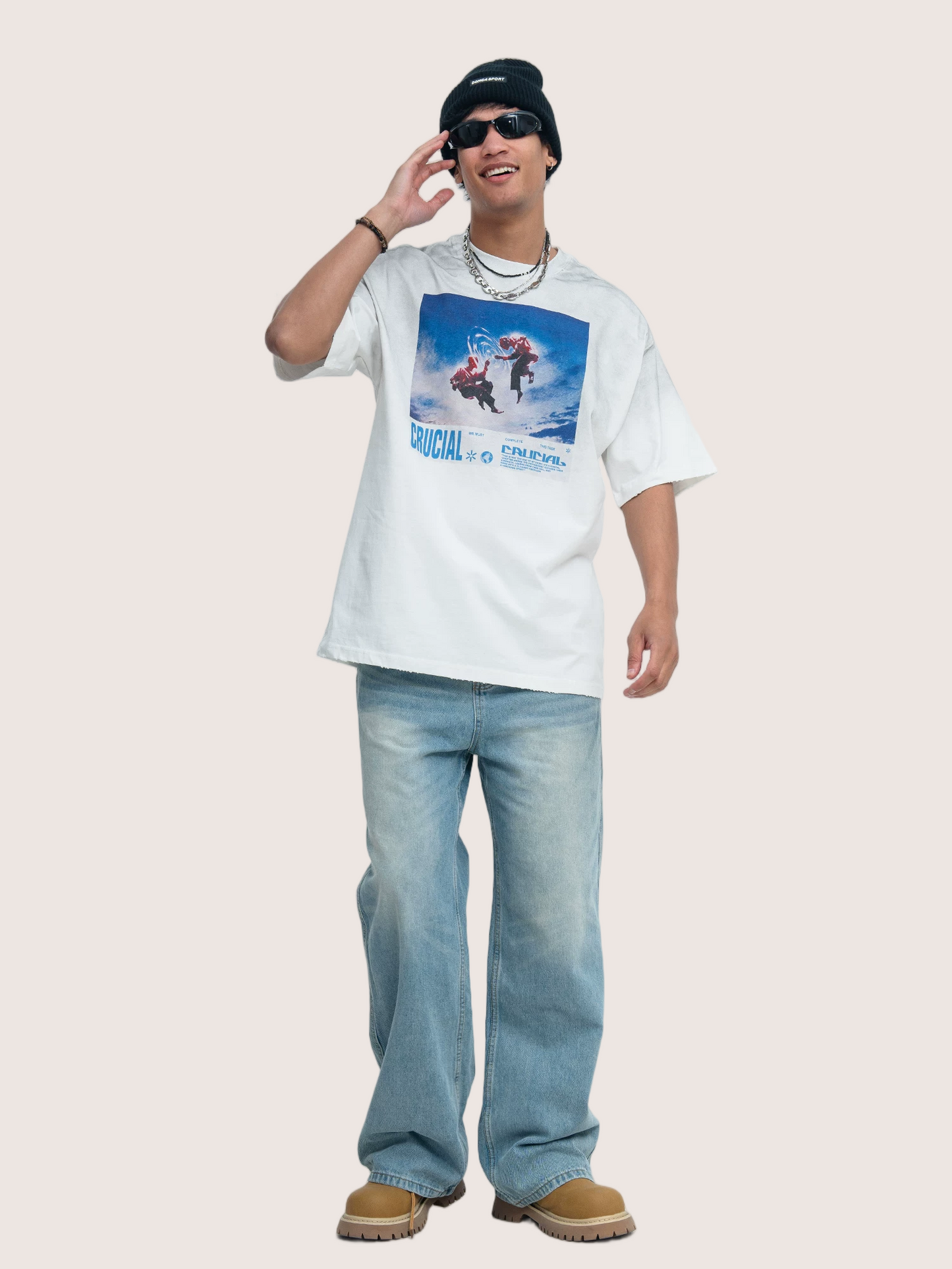 Bootleg Rap Style "Crucial" Graphic Dirt White Wash T-Shirt