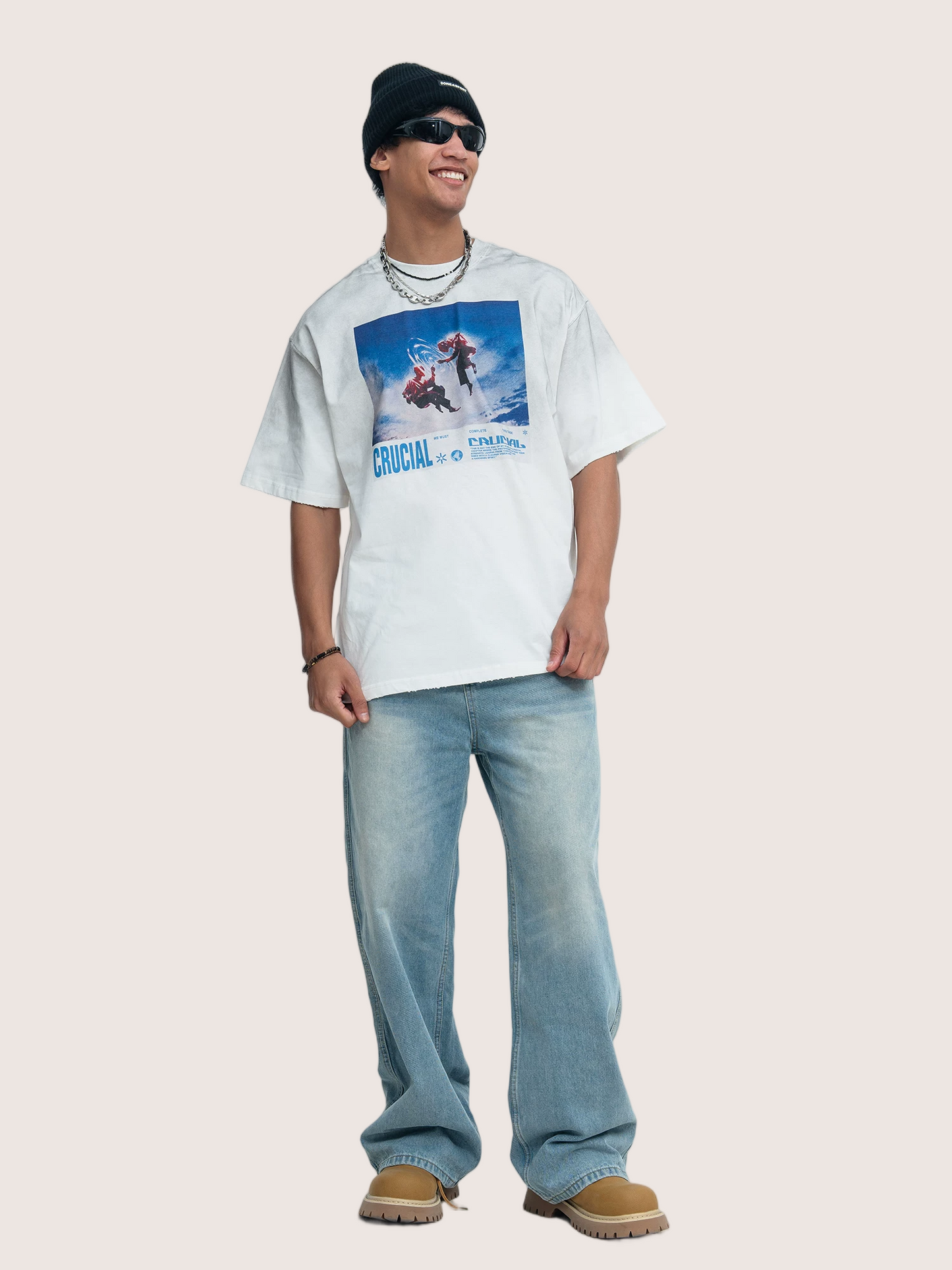 Bootleg Rap Style "Crucial" Graphic Dirt White Wash T-Shirt
