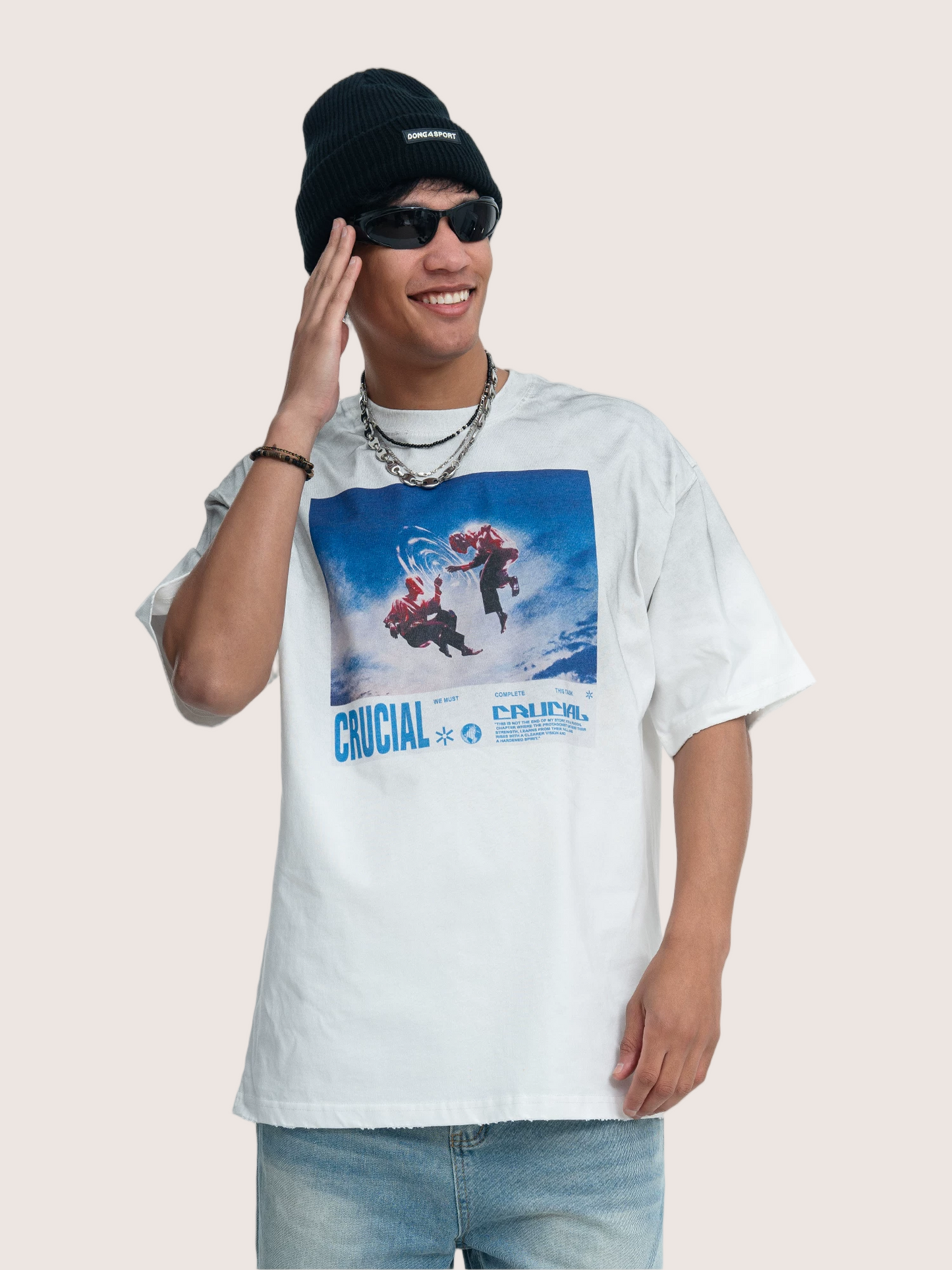 Bootleg Rap Style "Crucial" Graphic Dirt White Wash T-Shirt