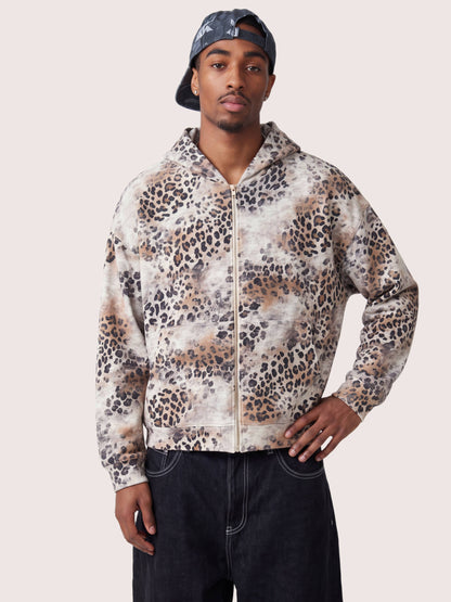 Grunge Brown Leopard Pattern Fleece Zip Hoodie