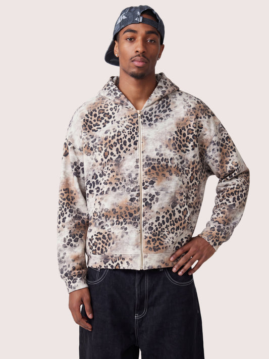 Grunge Brown Leopard Pattern Fleece Zip Hoodie