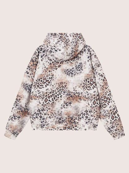 Grunge Brown Leopard Pattern Fleece Zip Hoodie
