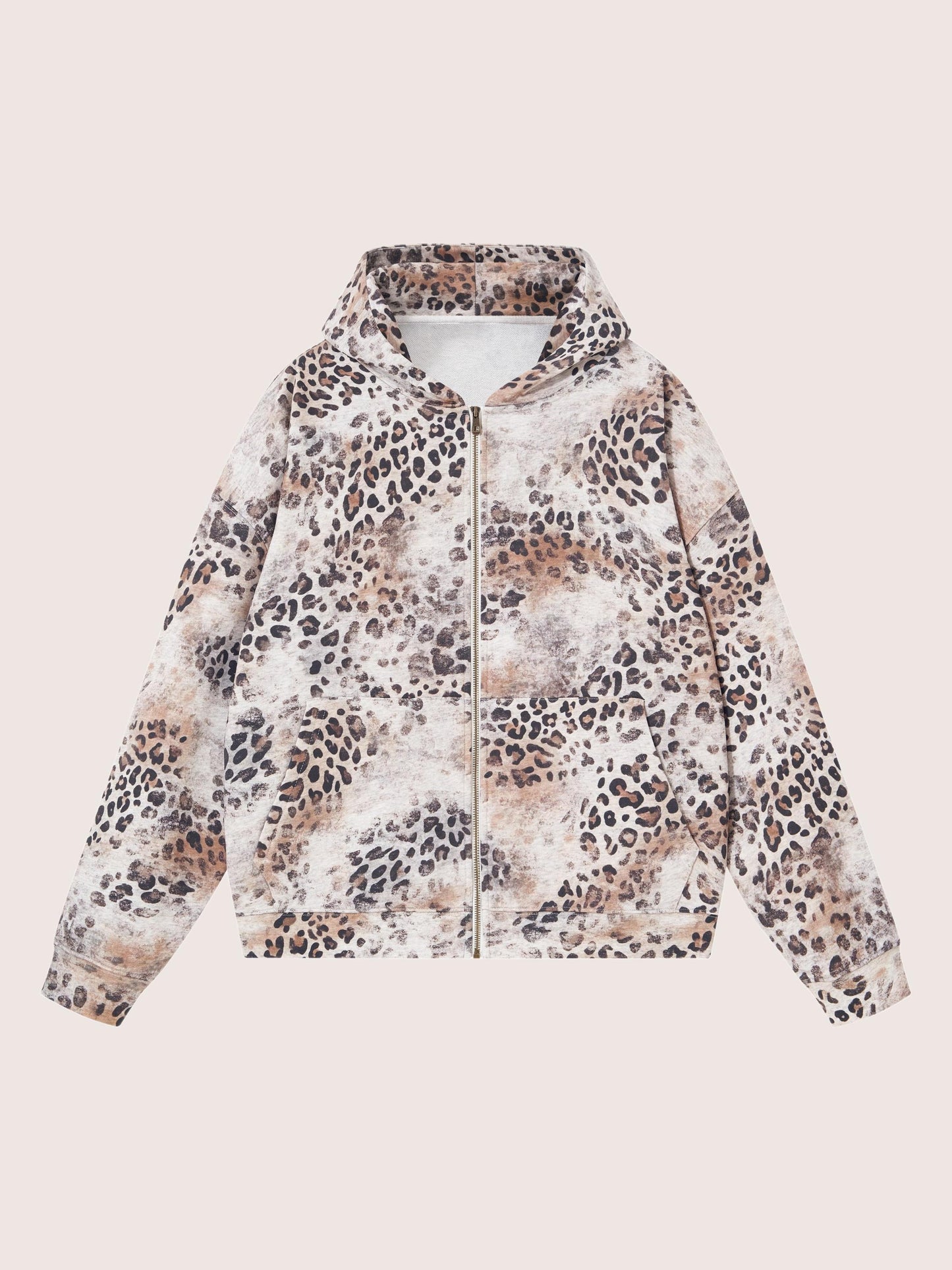 Grunge Brown Leopard Pattern Fleece Zip Hoodie