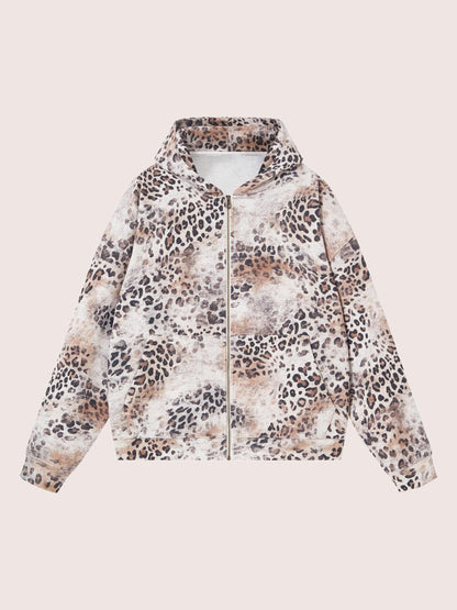 Grunge Brown Leopard Pattern Fleece Zip Hoodie