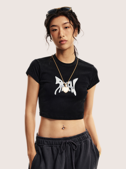 Y2K Acid Wash Butterfly Graphic Black Baby Tee