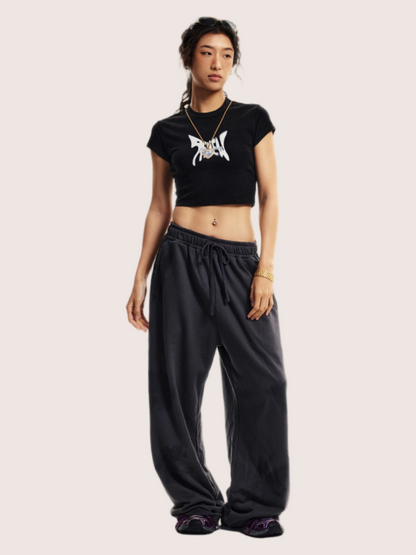 Y2K Acid Wash Butterfly Graphic Black Baby Tee