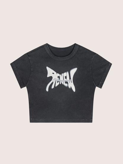 Y2K Acid Wash Butterfly Graphic Black Baby Tee