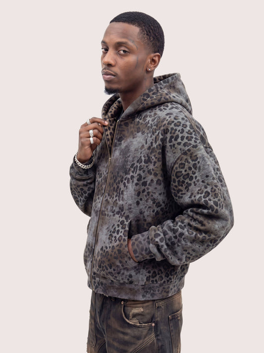 Grunge Brown Leopard Pattern Fleece Zip Hoodie
