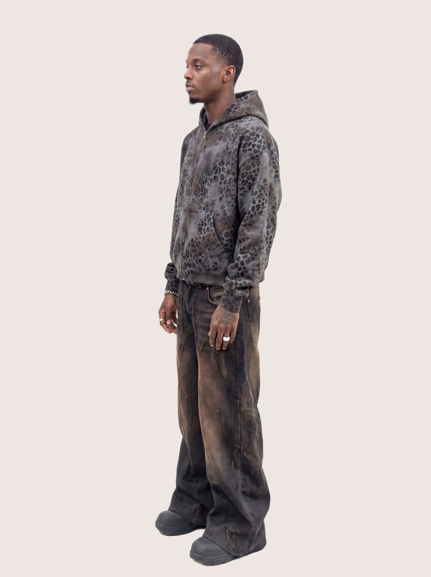 Grunge Brown Leopard Pattern Fleece Zip Hoodie