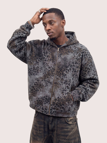 Grunge Brown Leopard Pattern Fleece Zip Hoodie
