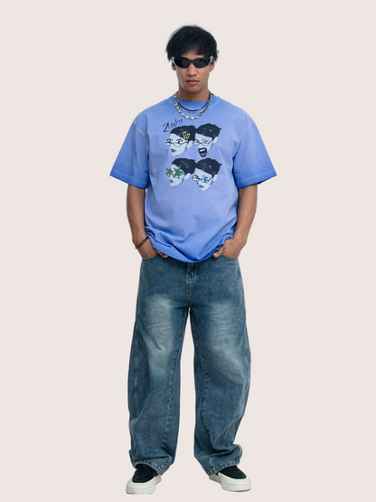 Vintage Faded Denim Blue Graphic  Washed T-shirt