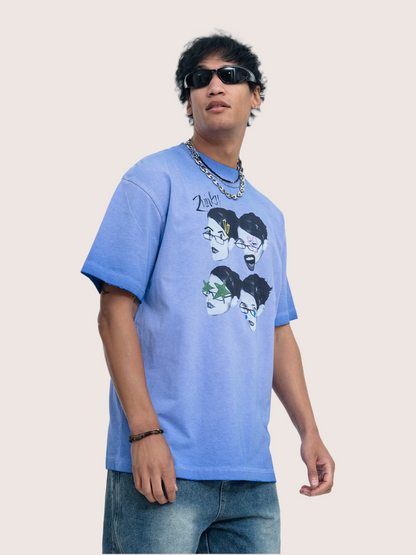 Vintage Faded Denim Blue Graphic  Washed T-shirt