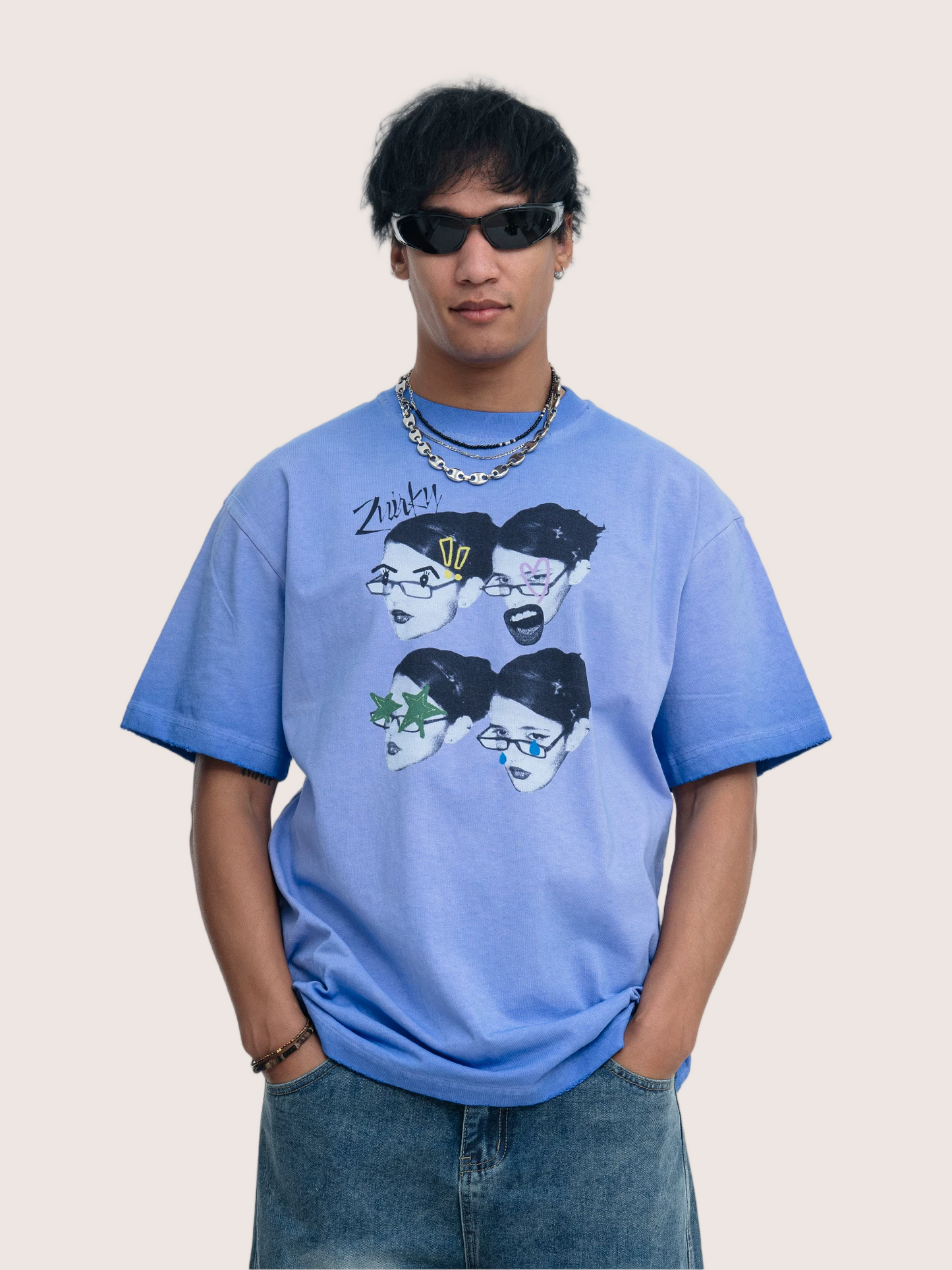 Vintage Faded Denim Blue Graphic  Washed T-shirt