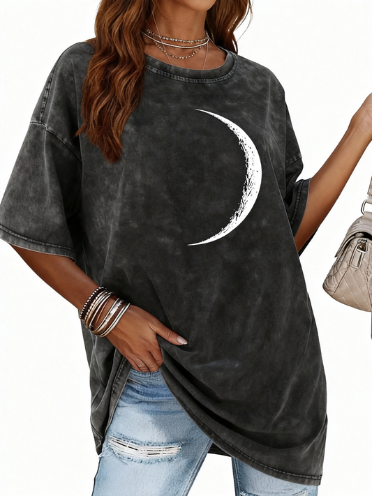 Retro style T-shirt, women's summer loose plus size moon print short-sleeved top, American simple style top, suitable for everyday casual wear, versatile, showing a natural and elegant style, a must-have for summer parties.