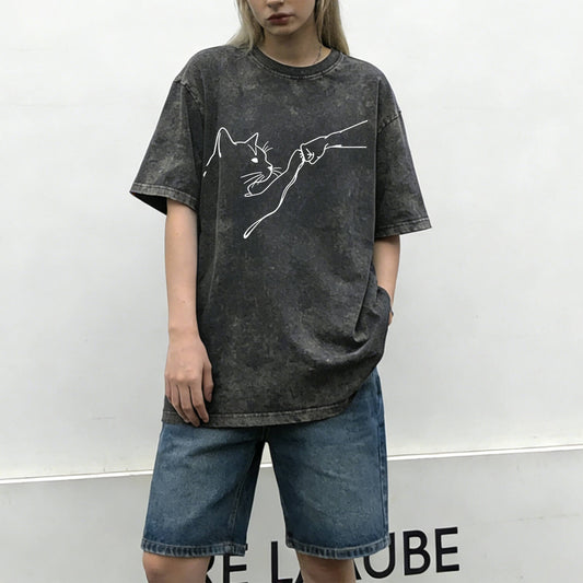 Fist Bump With Cat Pattern Washed T-Shirt PT010
