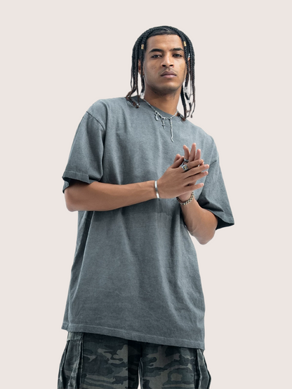 Faded Charcoal Grey Distressed Washed T-shirt Street Wear
