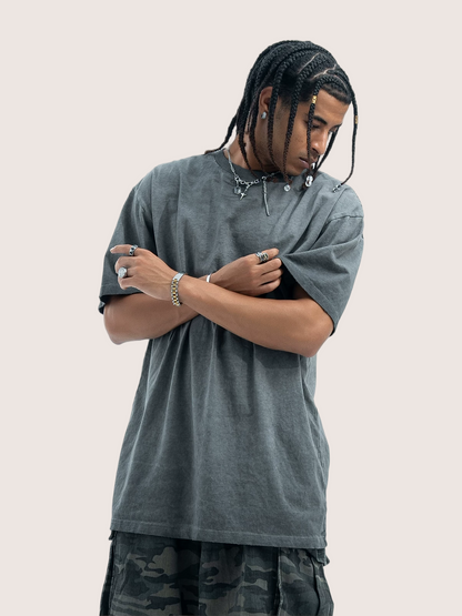 Faded Charcoal Grey Distressed Washed T-shirt Street Wear