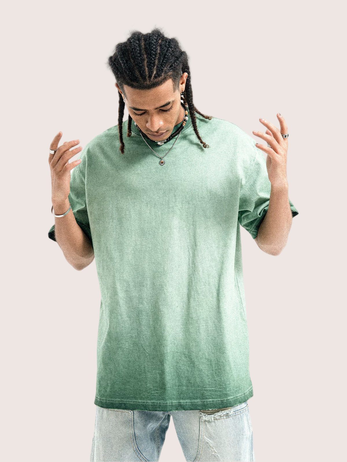 Faded Sage Stone Green Distressed Washed T-shirt Street Wear