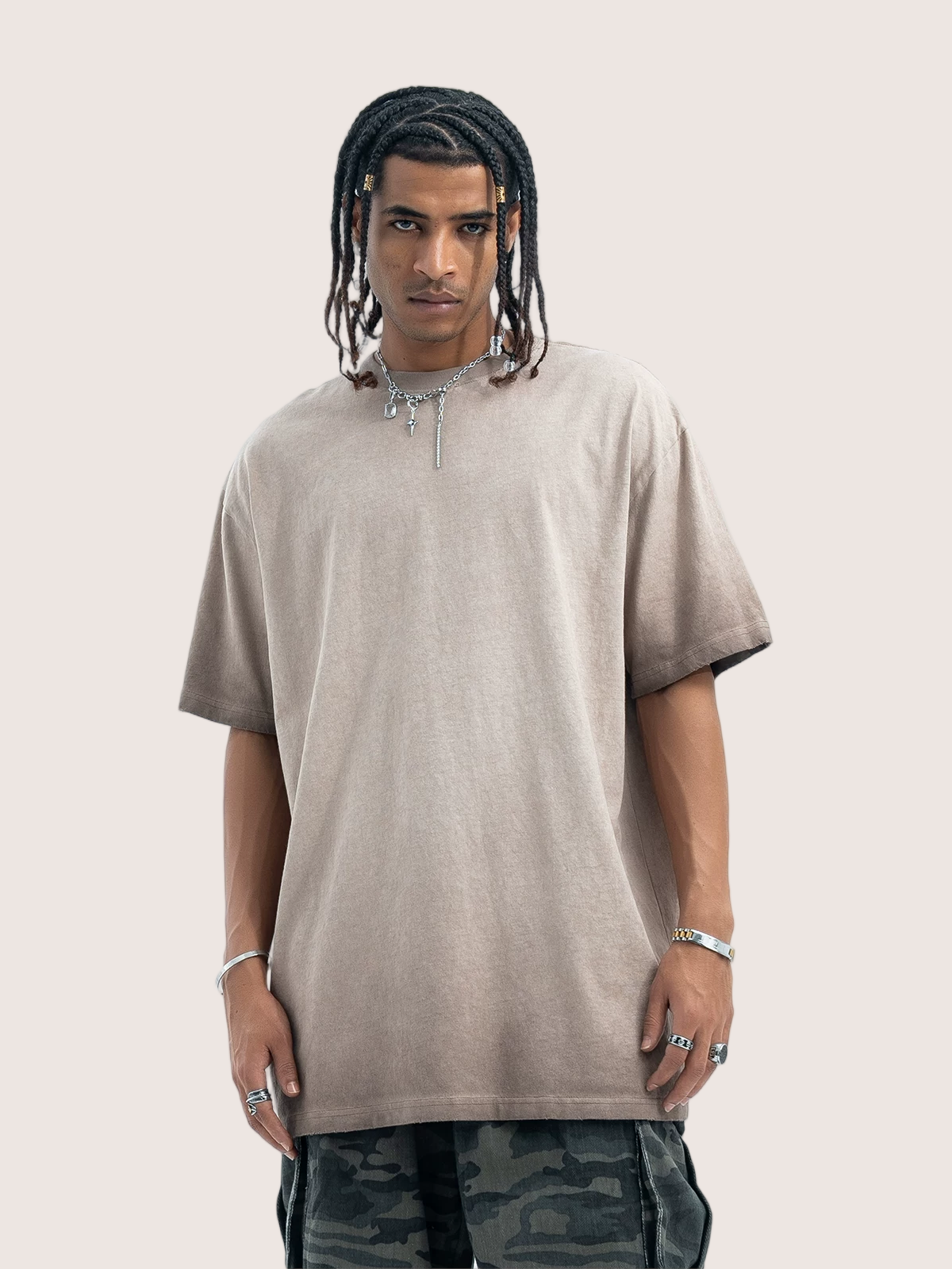 Faded Mocha Sand Distressed Washed T-shirt Street Wear