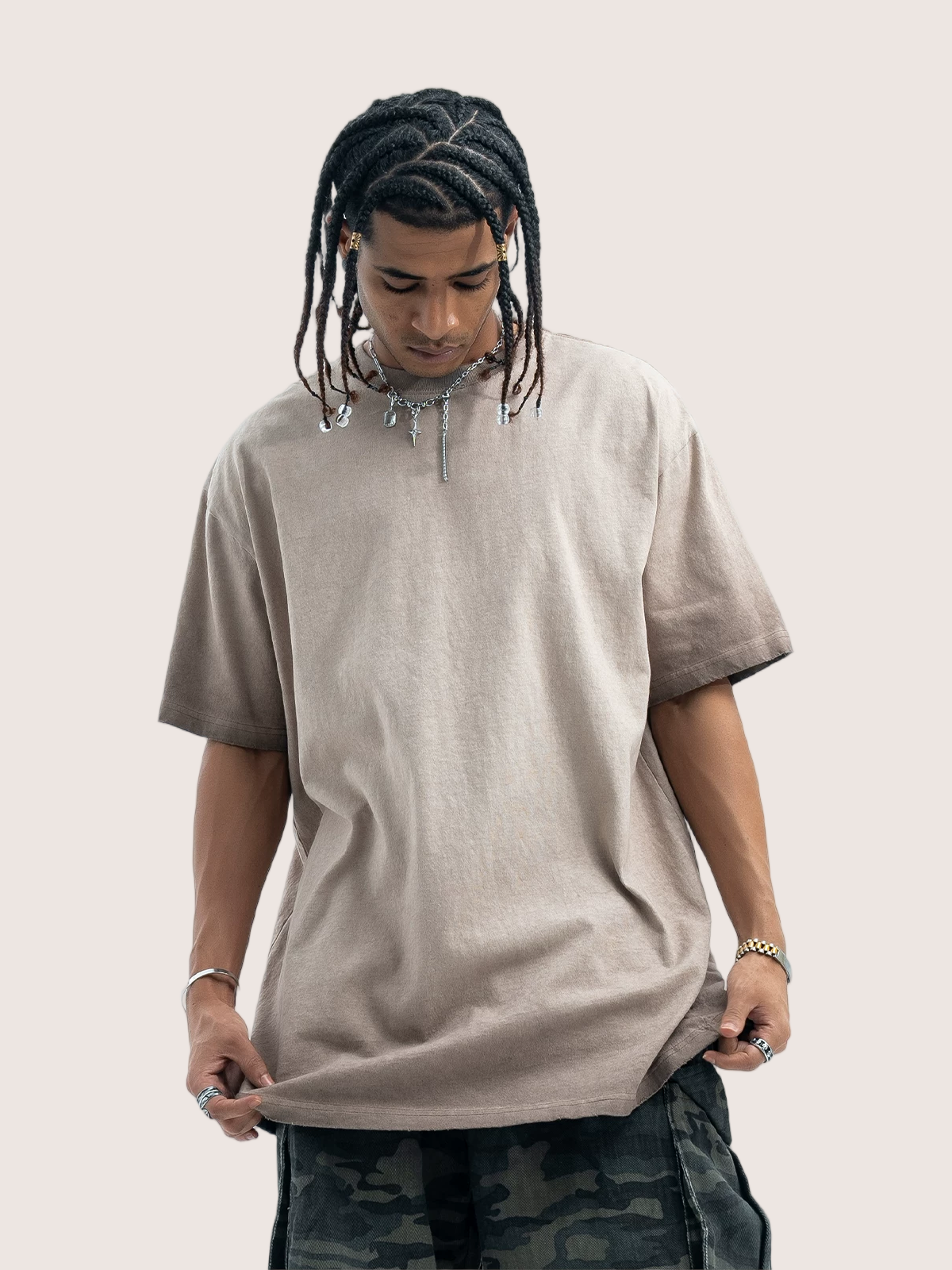 Faded Mocha Sand Distressed Washed T-shirt Street Wear