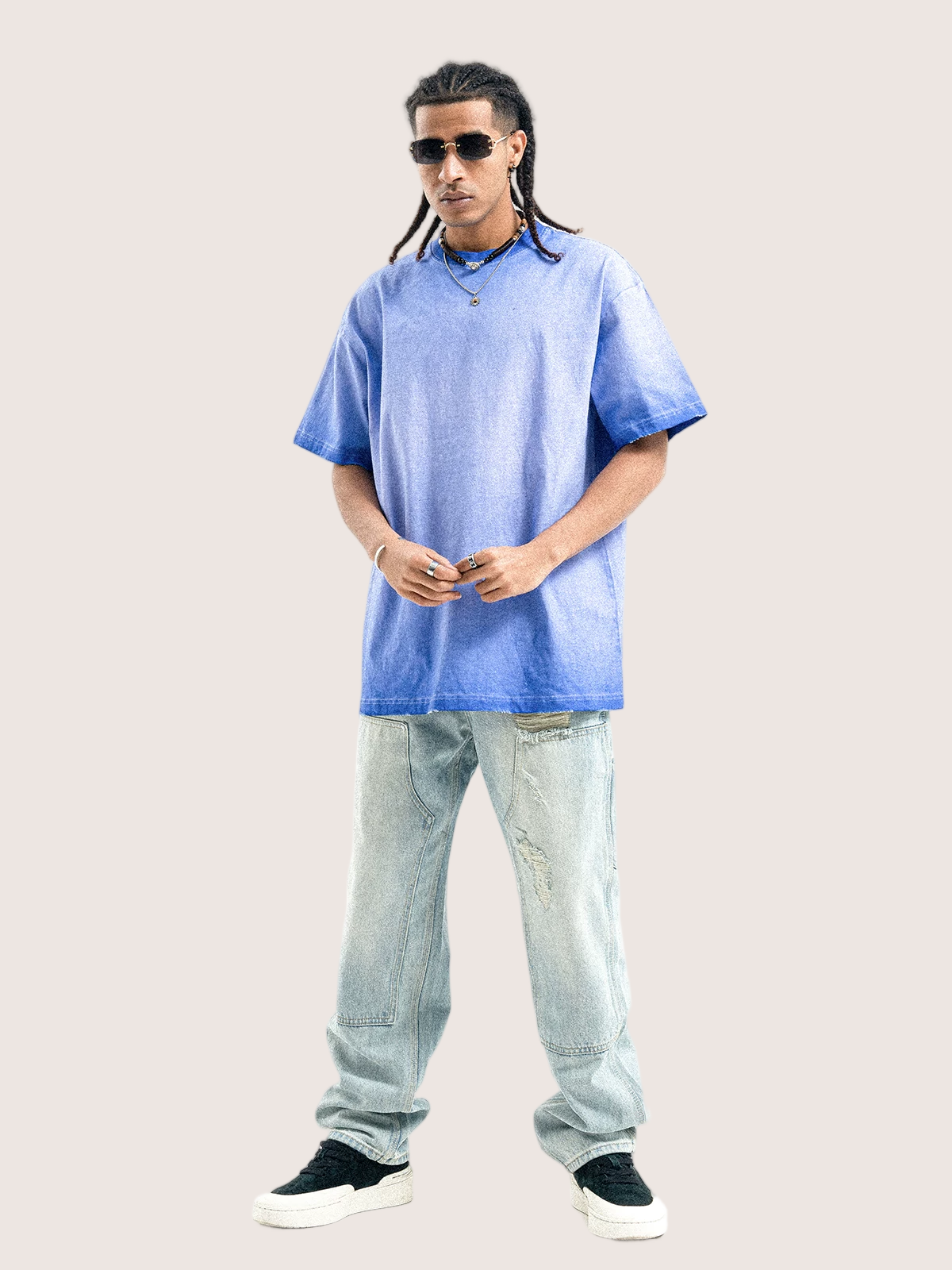 Faded Denim Blue Distressed Washed T-shirt Street Wear