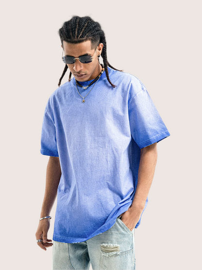 Faded Denim Blue Distressed Washed T-shirt Street Wear