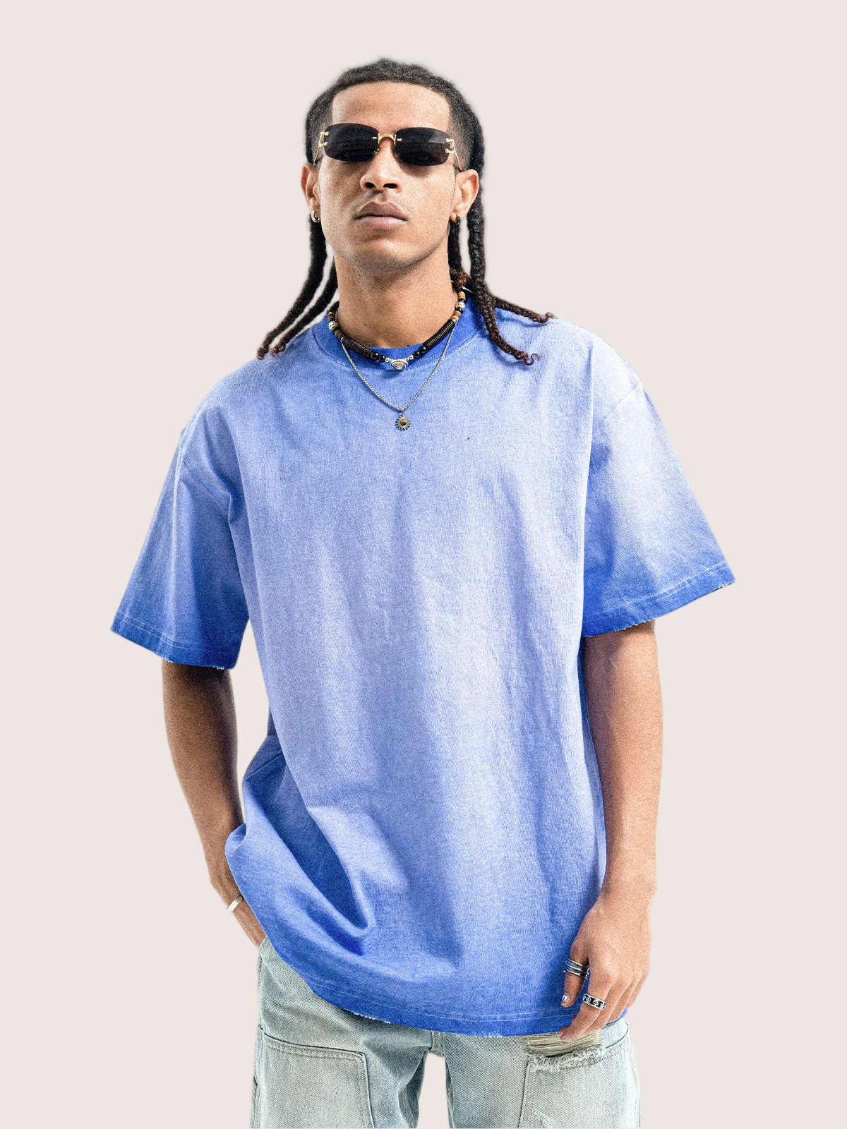 Faded Denim Blue Distressed Washed T-shirt Street Wear