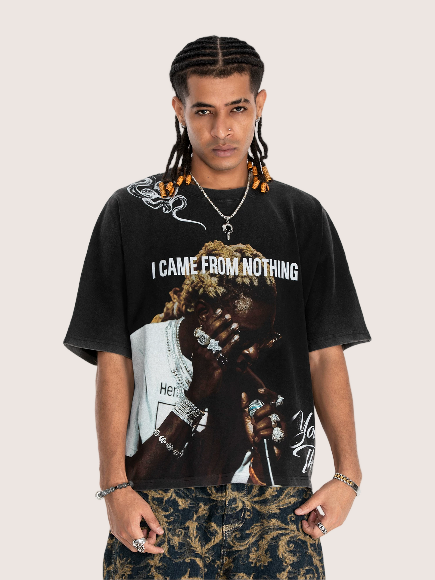 Rap Tee I Came From Nothing Black Acid Wash Graphic T-Shirt